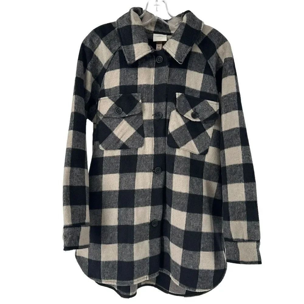 Knox Rose Shirt Jacket Shacket M Plaid Black Tan Classic Cozy Cabin Wool Blend - Picture 1 of 9